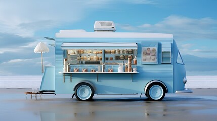 Blue mobile shop on wheels with sweets and cakes.