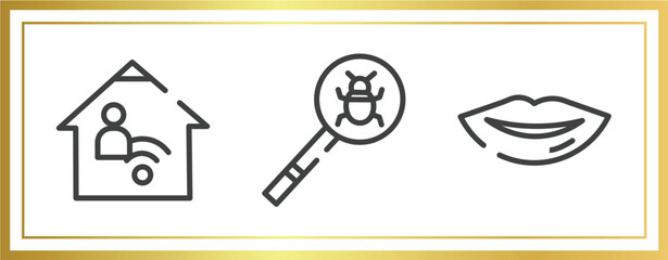 outline icons set. linear icons sheet included telework, virus search, lips vector.