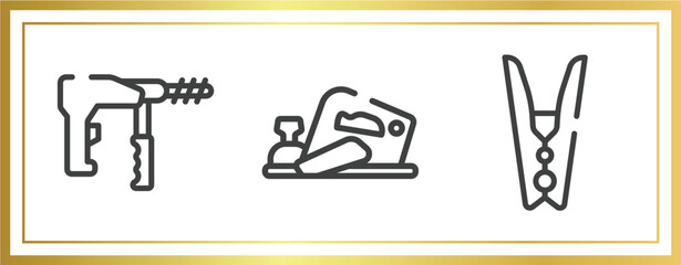 housekeeping outline icons set. linear icons sheet included big driller, planer, clothespin vector.