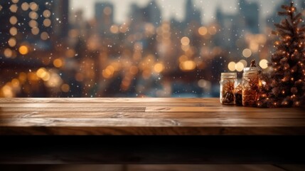 Bokeh background with empty wooden 
