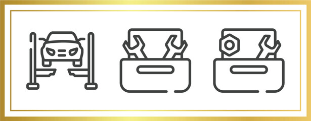 toolbox outline icons set. linear icons sheet included car lift, nuts and bolts, wrench and nut vector.