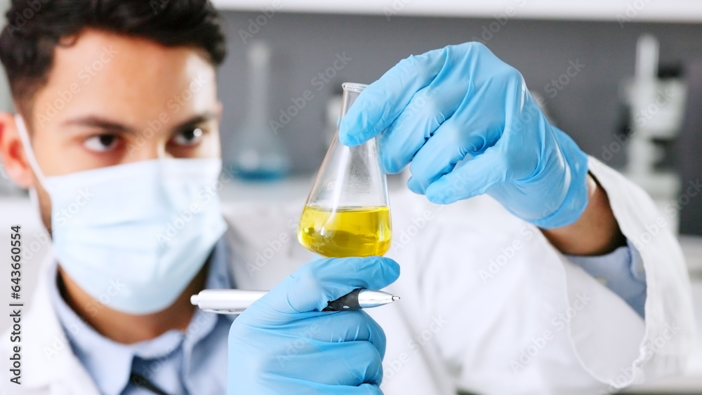 Poster a thinking young scientist doing research to create a covid cure in a lab. medical professional usin