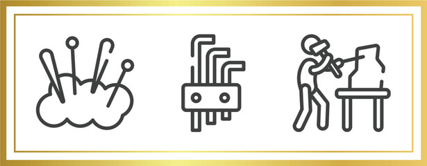mining and crafting outline icons set. linear icons sheet included cushion, allen keys, sculptor vector.