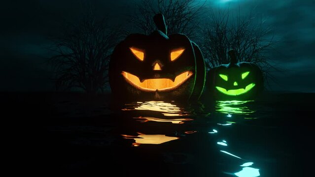 Scary Scene With Creepy Pumpkins With Multicolored Light On Dark Water. Horror Atmosphere Without People. Frightening Halloween Creative Style. Modern 4K Resolution. Concept Stock Video. 3D Animation