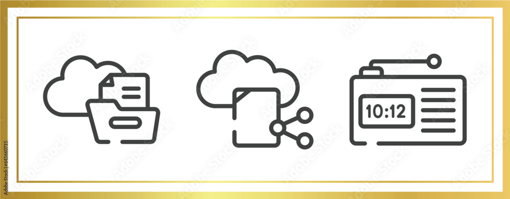 Poster material devices outline icons set. linear icons sheet included files folder on cloud, file sharing 