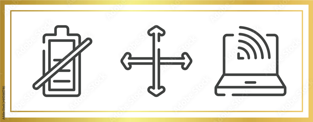 Poster material devices outline icons set. linear icons sheet included battery uncharged, vertical and hori