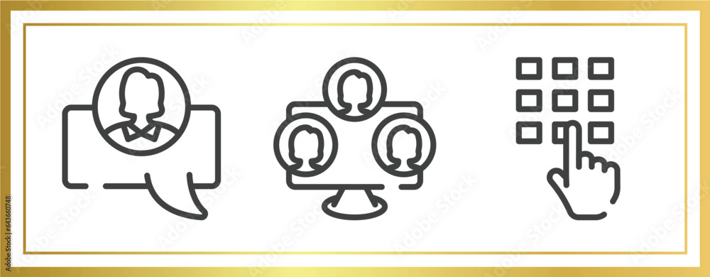 Poster cursors and pointers outline icons set. linear icons sheet included chat avatar, three users, enteri