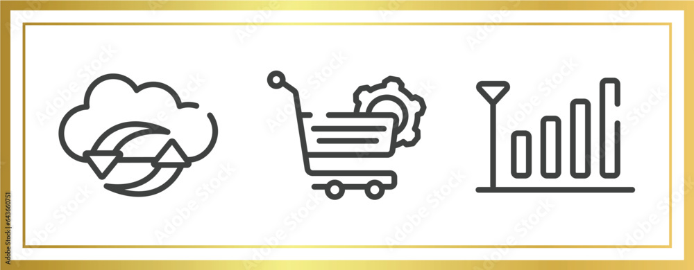 Poster material devices outline icons set. linear icons sheet included clouds data synchronization, shoppin