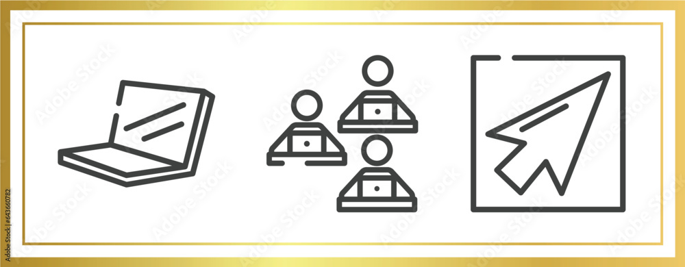 Poster computer and media outline icons set. linear icons sheet included laptop in perspective, computer wo