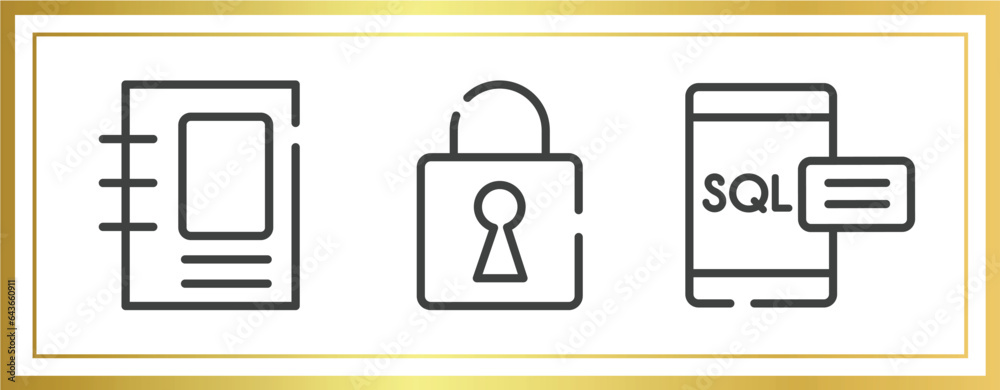 Poster big data outline icons set. linear icons sheet included binding, security breach, sql vector.