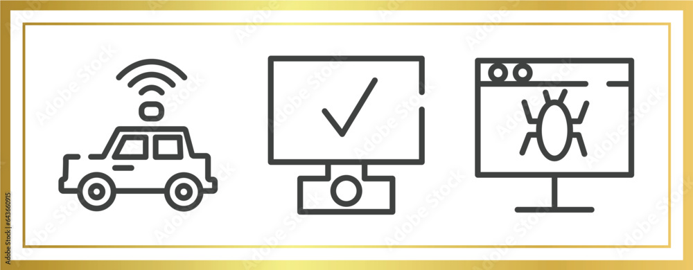 Poster testing software outline icons set. linear icons sheet included self driving, deployment, defect vec