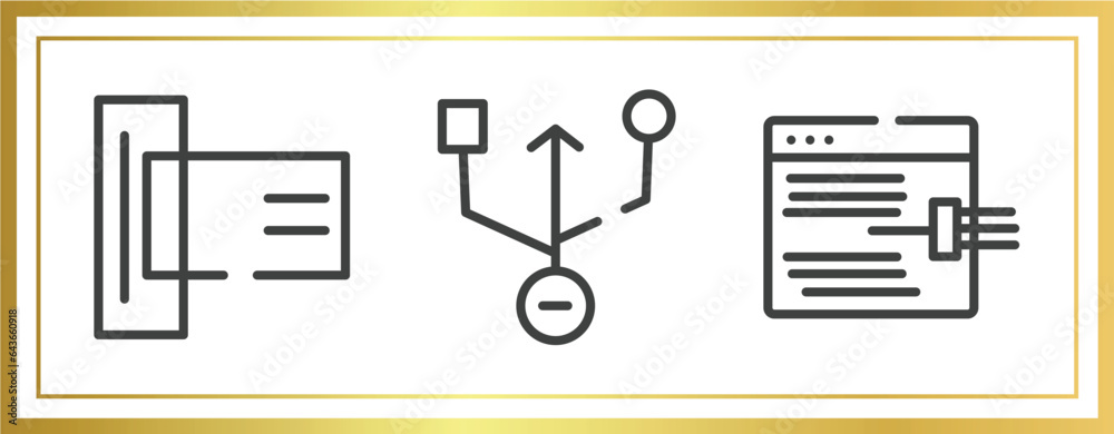 Poster cyber crimes outline icons set. linear icons sheet included card reader, universal serial usb connec