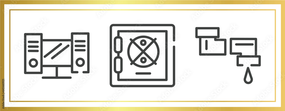 Poster testing software outline icons set. linear icons sheet included workstation, strongbox, pipeline vec