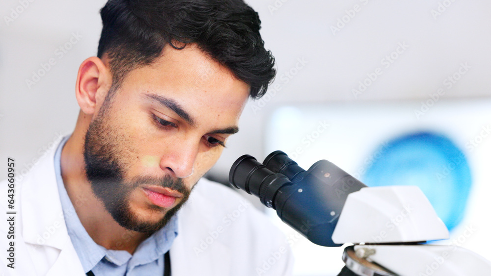 Aufkleber Laboratory scientist using microscope to examine monkeypox virus and note his discovery. Closeup of serious biochemist engineer doing medical research with scientific equipment for breakthrough cure