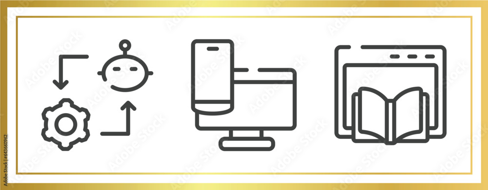 Poster online learning outline icons set. linear icons sheet included synchronizing, responsive website, we