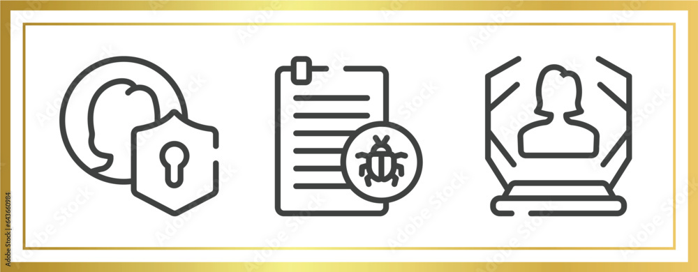Poster artificial intelligence outline icons set. linear icons sheet included user protection, corrupt file