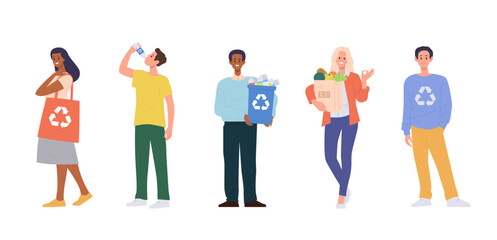 Isolated set of diverse people using eco-friendly zero waste products organic reusable items