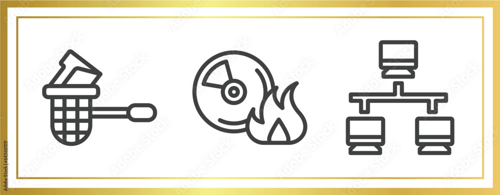 Poster network and database outline icons set. linear icons sheet included stealing data, burn cd, lan vect