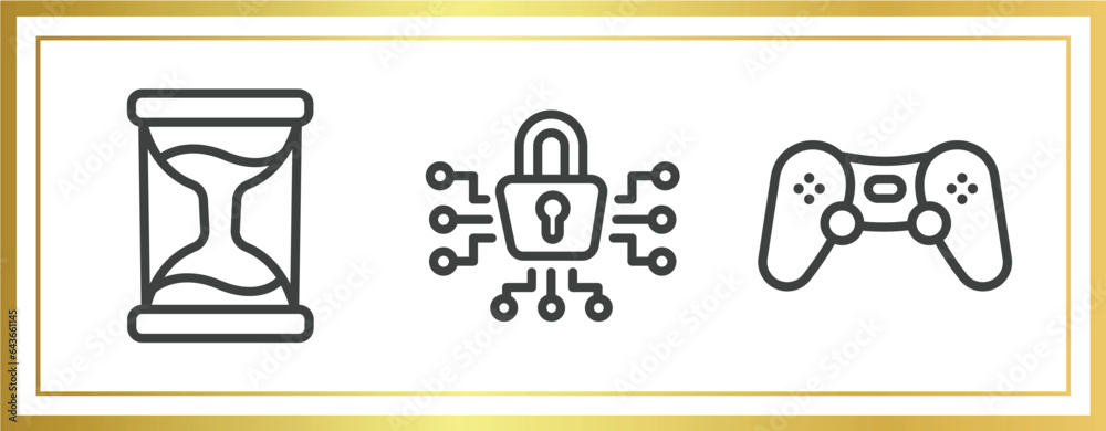 Poster computer applications outline icons set. linear icons sheet included sand timer, cyber security, com