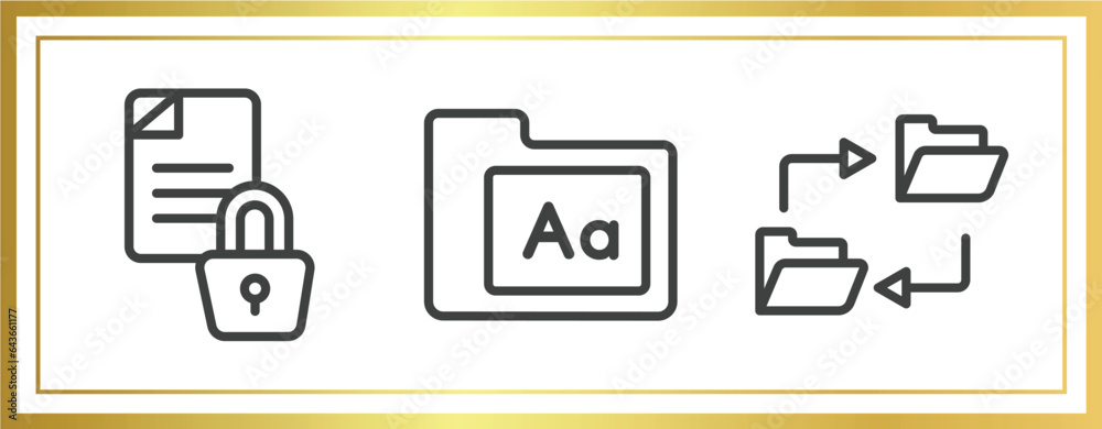 Poster computer functions outline icons set. linear icons sheet included encrypted data, fonts, data synchr