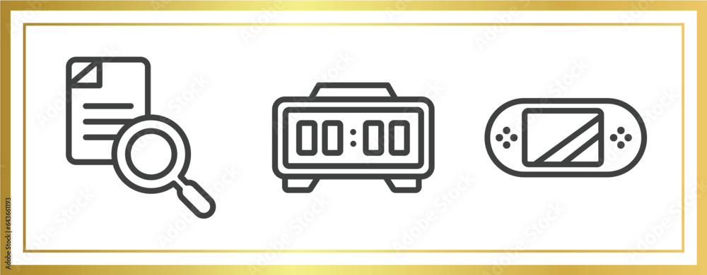 Poster hardware outline icons set. linear icons sheet included search file, digital clock, handheld console