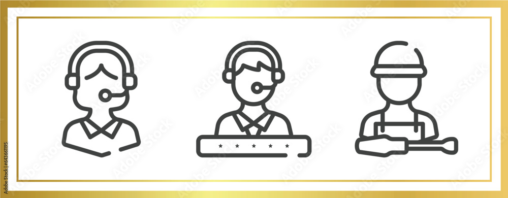 Poster support outline icons set. linear icons sheet included operator avatar, technical support with star,