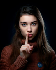 Young 20 year old girl indicating silence, gesture.