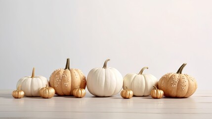 pumpkins and leaves on wooden background