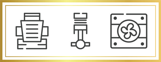 car parts outline icons set. linear icons sheet included car bucket seat, car piston, fan vector.