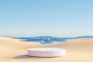 3D podium with copy space for product display presentation on beach with blue sky and white clouds abstract background. Tropical summer and vacation concept.