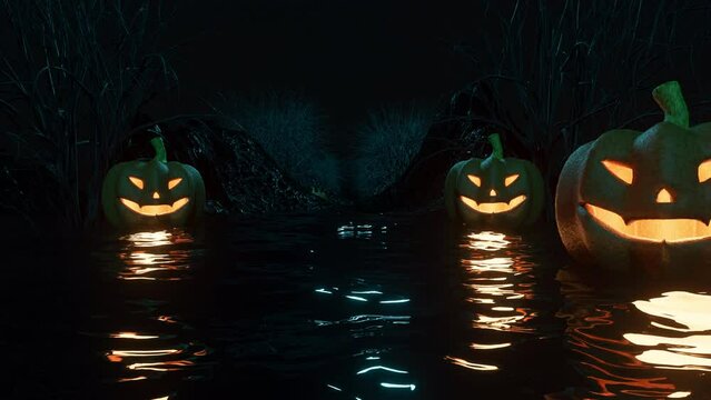 A Mystical Scene With Creepy Pumpkins Intently Watching The Passing By Them. Horror Atmosphere Without People. Scary Halloween Style. Modern 4K Resolution. Concept Loop Video. Seamless 3D Animation