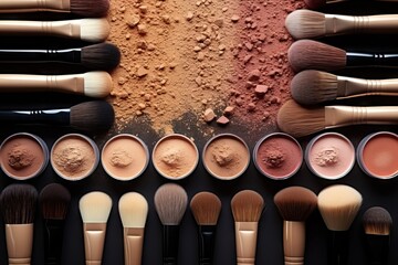 Flat lay composition with various of makeup face powders and brushes on black background. Cosmetic set of various shades of face bronzer or blusher and compact powder brown nude smudge. Beauty concept - obrazy, fototapety, plakaty