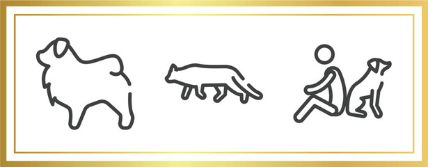 dog and training outline icons set. linear icons sheet included tibetan mastiff, snowshoe cat, dog and man seating vector.