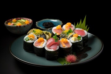 Artistic sushi feast: sashimi, uramaki and crispy seaweed. Freshness and captivating colors. #MidJourney, generative IA