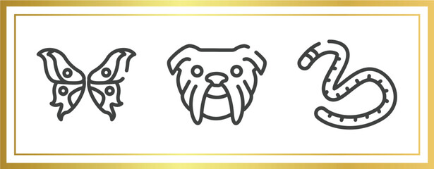 free animals outline icons set. linear icons sheet included butterfly wings, bulldog head, earth worm vector.