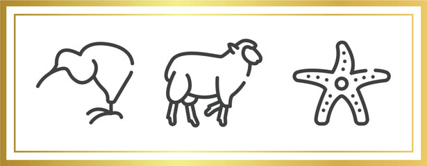 free animals outline icons set. linear icons sheet included kiwi eating, black sheep, starfish with dots vector.
