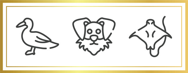 free animals outline icons set. linear icons sheet included wild duck, funny dog head, stingray with long tail vector.