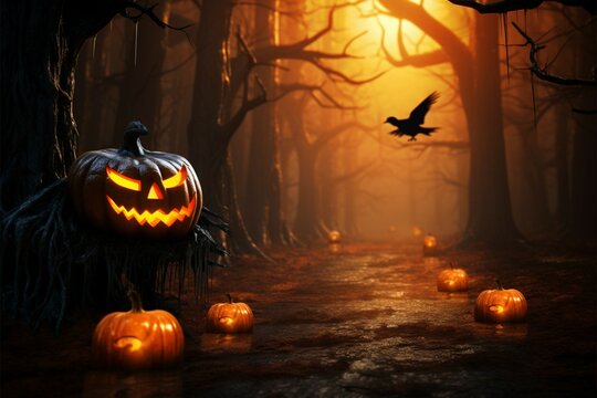 3D rendered spooky forest scene, Halloween pumpkins in eerie orange ambiance