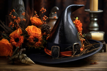 Halloween composition - witch hat and flowers