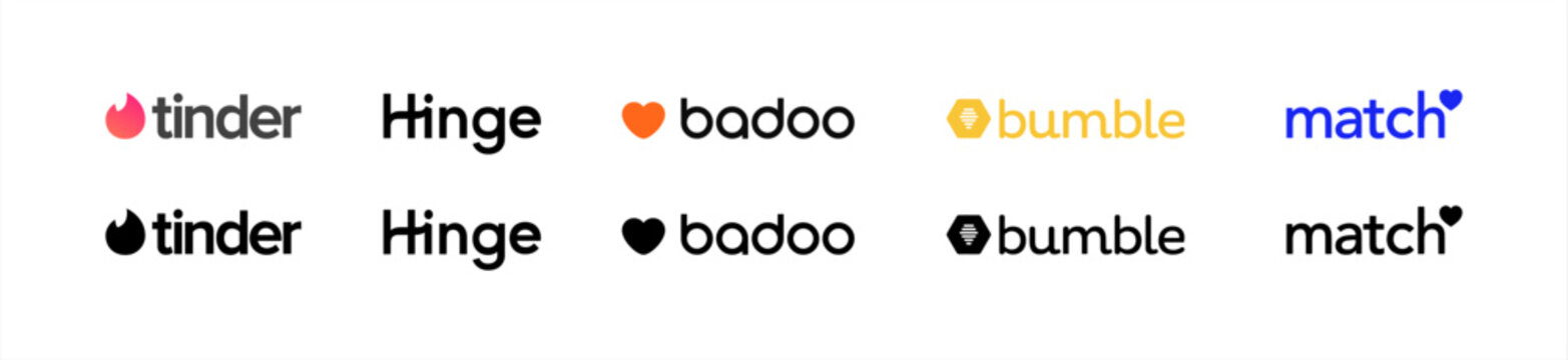 Top Dating Apps. Collection of Dating App Logos. Tinder Logo, Bumble, Hinge, Match.