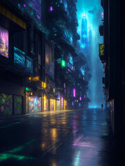 Modern Futuristic Night Cityscape with Skyscraper and Glowing Neon Light on an Empty Street. A Vision of the Future Style Design for Wallpaper, Poster, Banner, Invitation or Cover. Ai Generated.