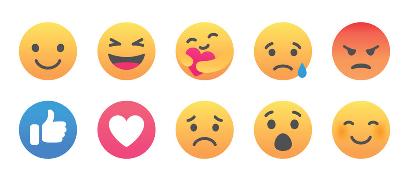 Vector Emoji Reactions in Facebook style, Set for Social Network. Facebook Emoticons buttons collection isolated