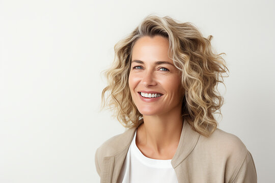 portrait photography of a woman in her 40s against a light white background