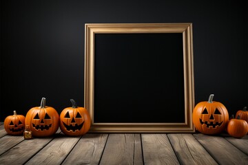 Blackboard stand, Halloween pumpkins, on a wooden floor against black