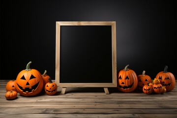 Blackboard stand, Halloween pumpkins, on a wooden floor against black
