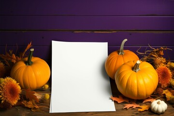 Blank paper waits for inspiration alongside vibrant autumn pumpkins