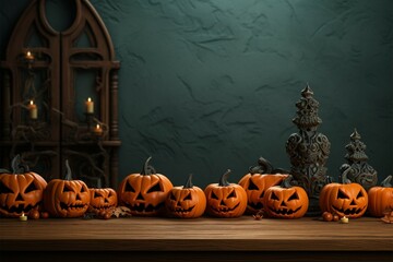 Carved pumpkins grace a wooden table in a Halloween tableau