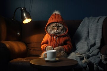A gray long-haired cat in an orange knitted sweater with a hood sits in a dark room on a sofa with a cup of hot tea. The concept of heating a house or apartment in the cold winter season.