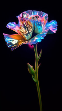 One flower from a holographic metal gradient on a black background. Generative AI	