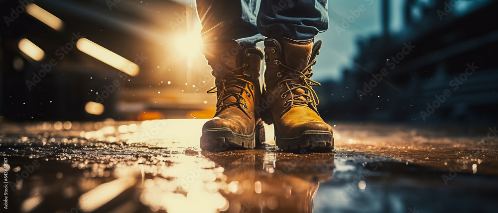 Wall mural Construction worker's boots on a wet ground with construction site in the background illuminated at night. Сonstruction, labor, safety, and work-related themes. 21:9 aspect ratio, Copy Space.

